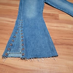 7FAM Luxe Vintage High Waist Slim Kick Crop Brass/Silver Studded Flare Sz 30